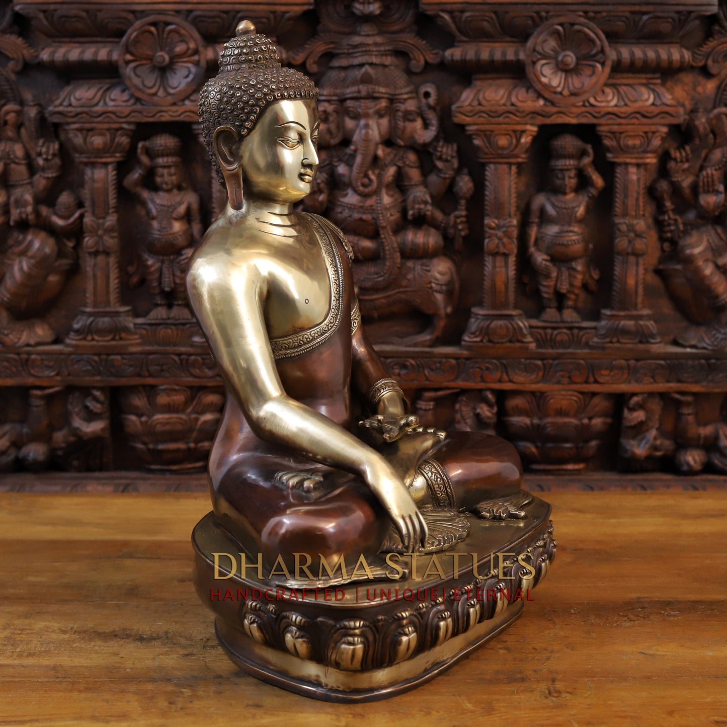 Brass Buddha Statue, Seated on a Lotus, Copper and Golden Finish 22"