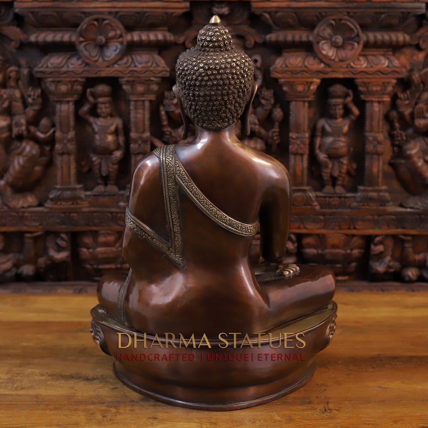 Brass Buddha Statue, Seated on a Lotus, Copper and Golden Finish 22"