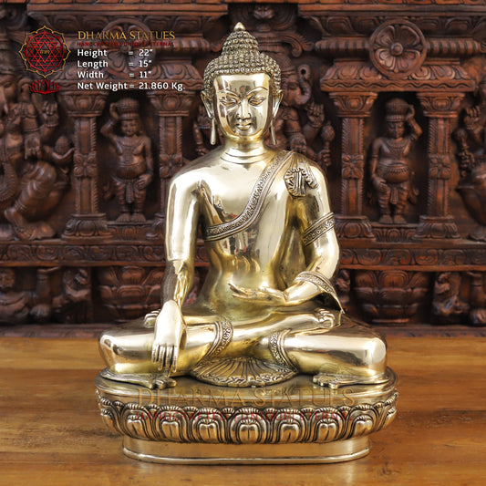 Brass Buddha Idol, Seated on a Lotus, Smooth Golden Finish 22"
