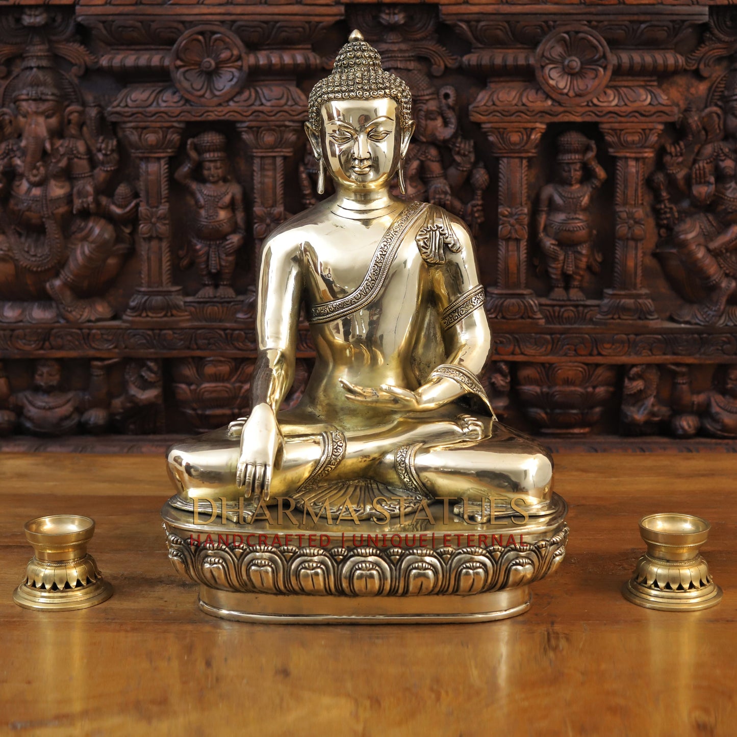 Brass Buddha Idol, Seated on a Lotus, Smooth Golden Finish 22"