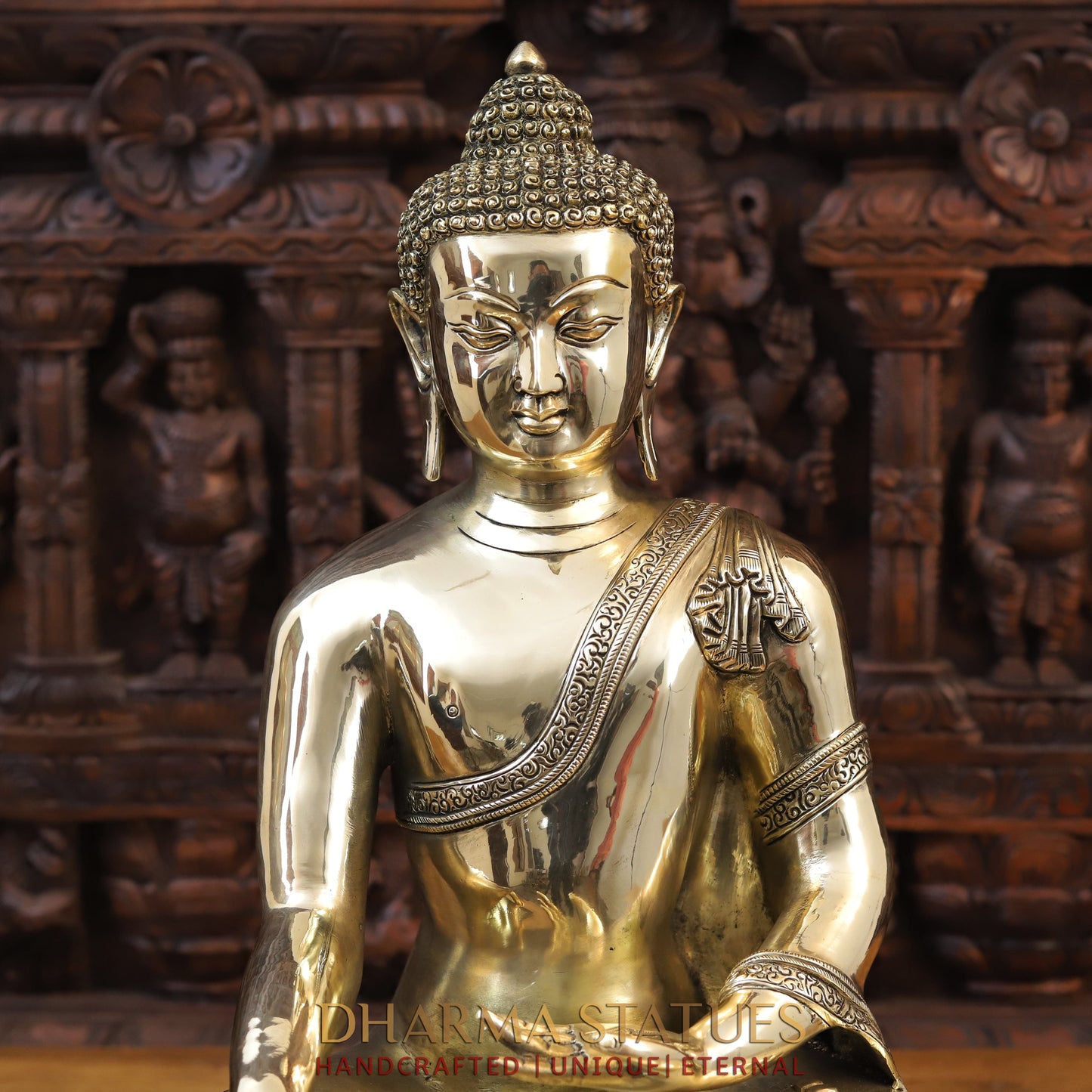 Brass Buddha Idol, Seated on a Lotus, Smooth Golden Finish 22"