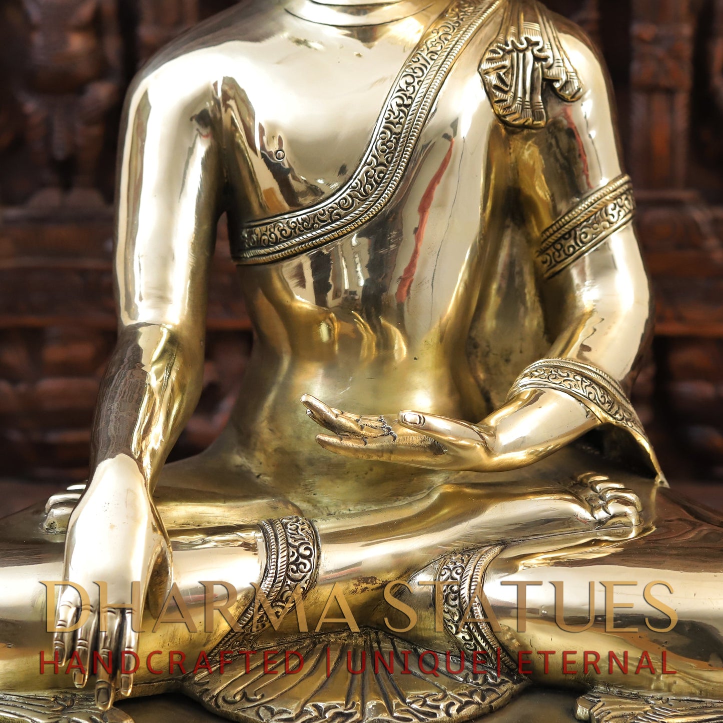 Brass Buddha Idol, Seated on a Lotus, Smooth Golden Finish 22"
