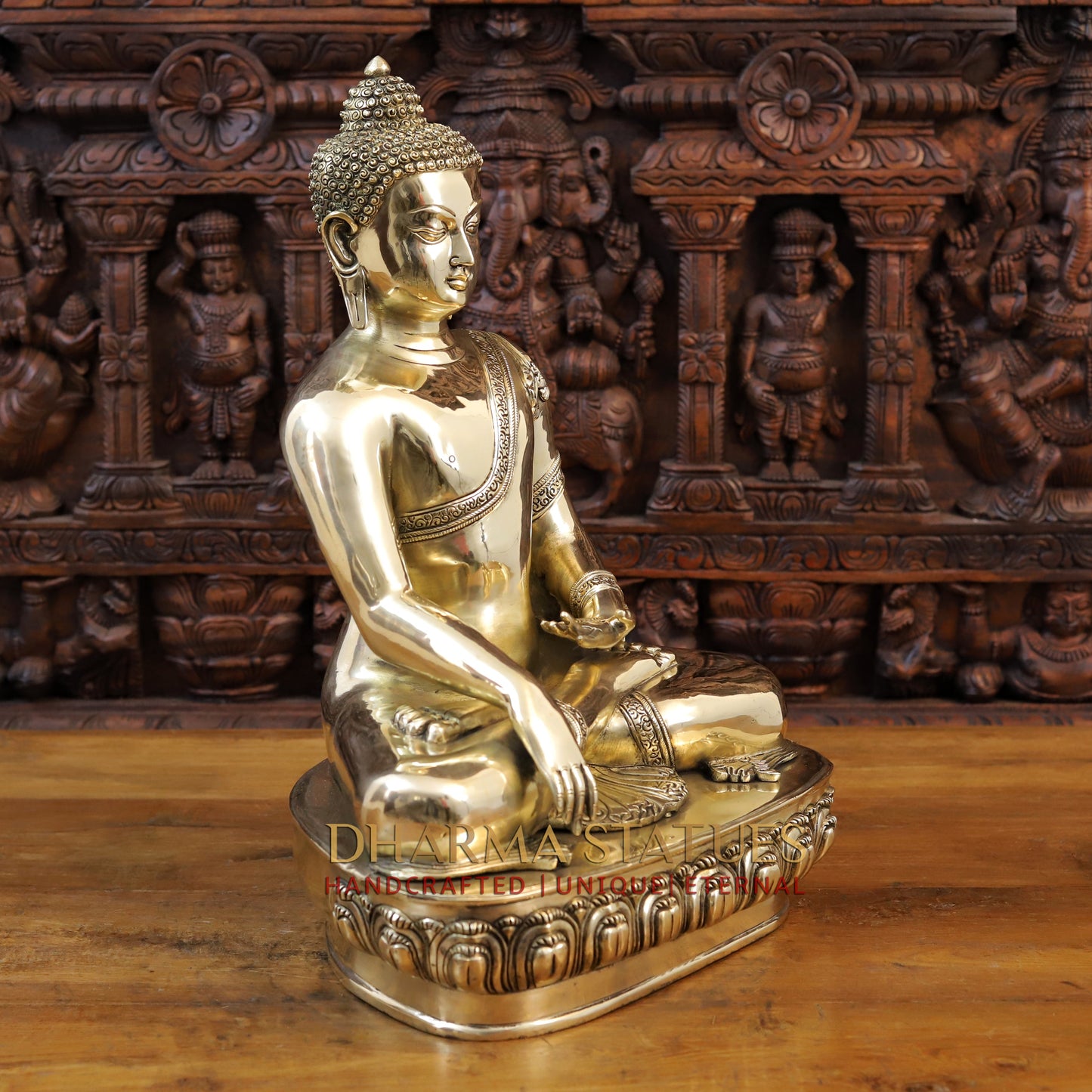 Brass Buddha Idol, Seated on a Lotus, Smooth Golden Finish 22"