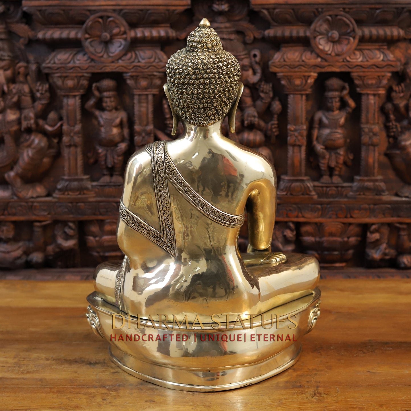 Brass Buddha Idol, Seated on a Lotus, Smooth Golden Finish 22"