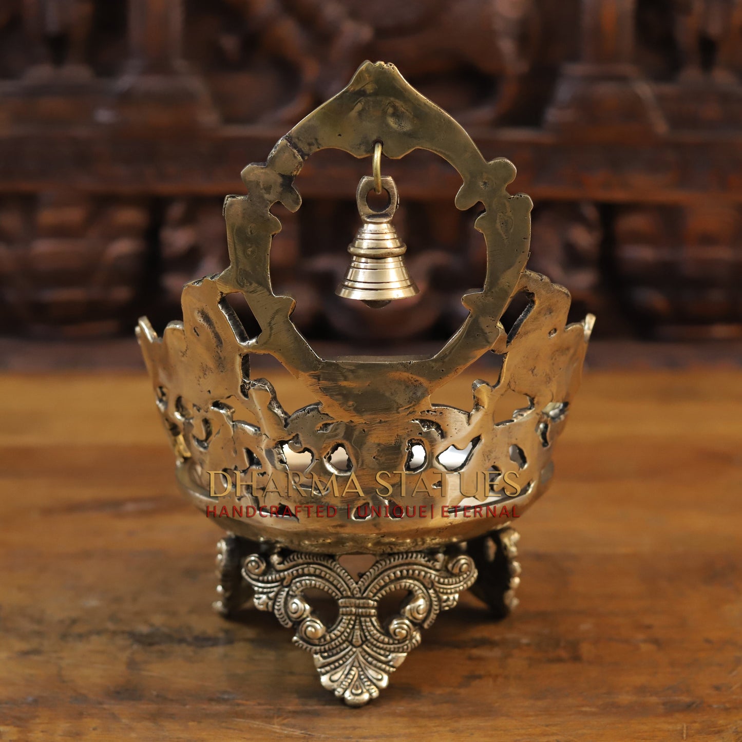 Brass Peacock Urli, With Bell, Fine Golden Finish 10.5"