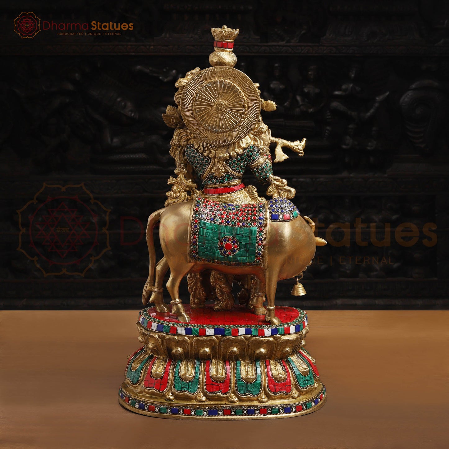 Brass Krishna Statue with Cow, Playing Flute, Golden Finish with Stone Work, 21"