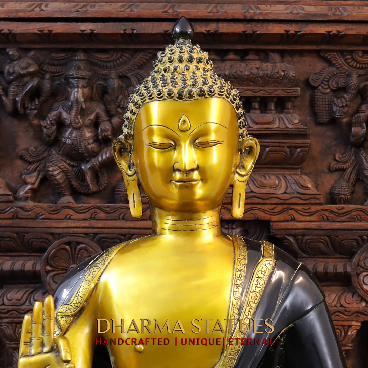 Brass Medicine Buddha Idol, Fine Golden & Black Patina Finish 34.5"