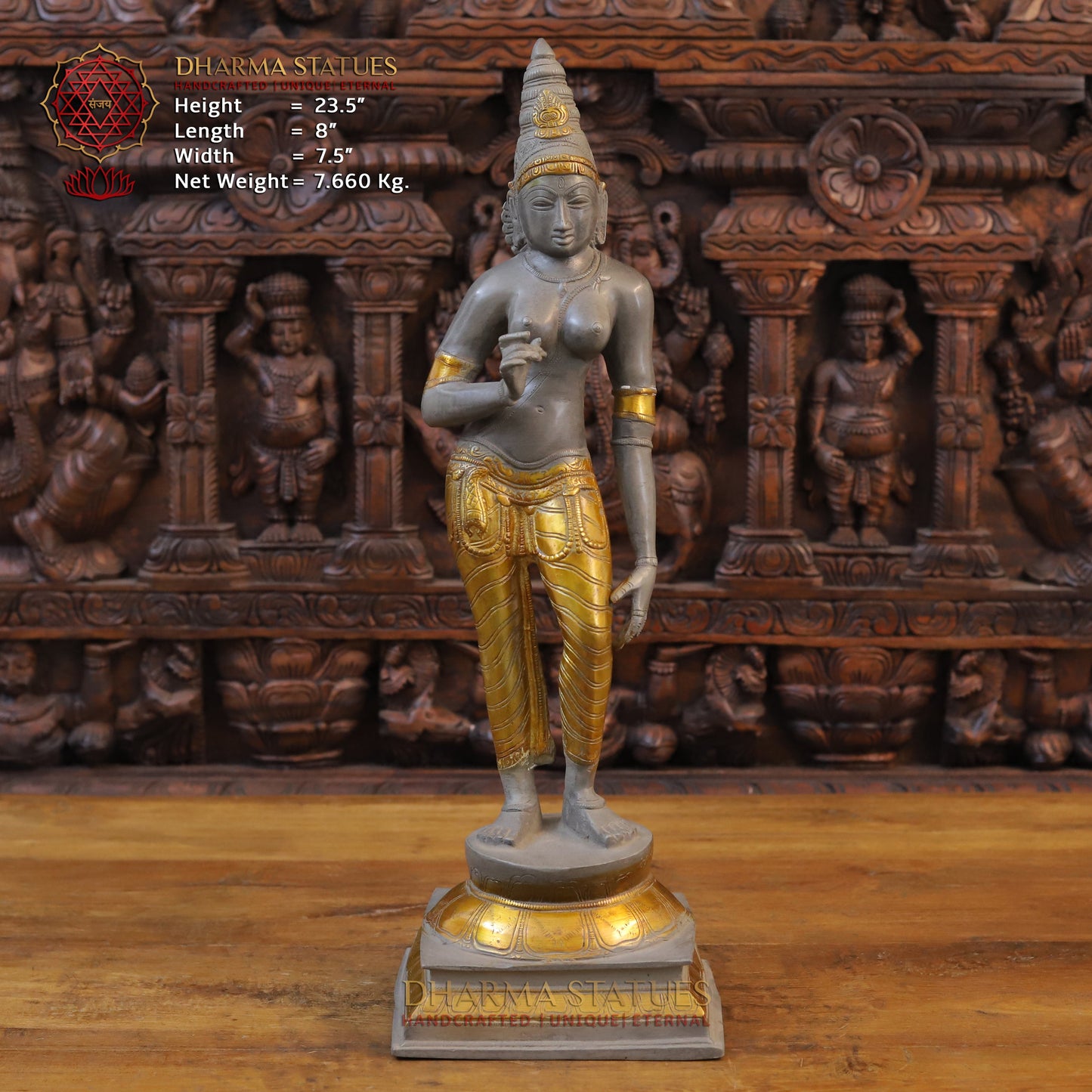 Brass Parvati Standing, Golden & Grey Finish, 23.5"