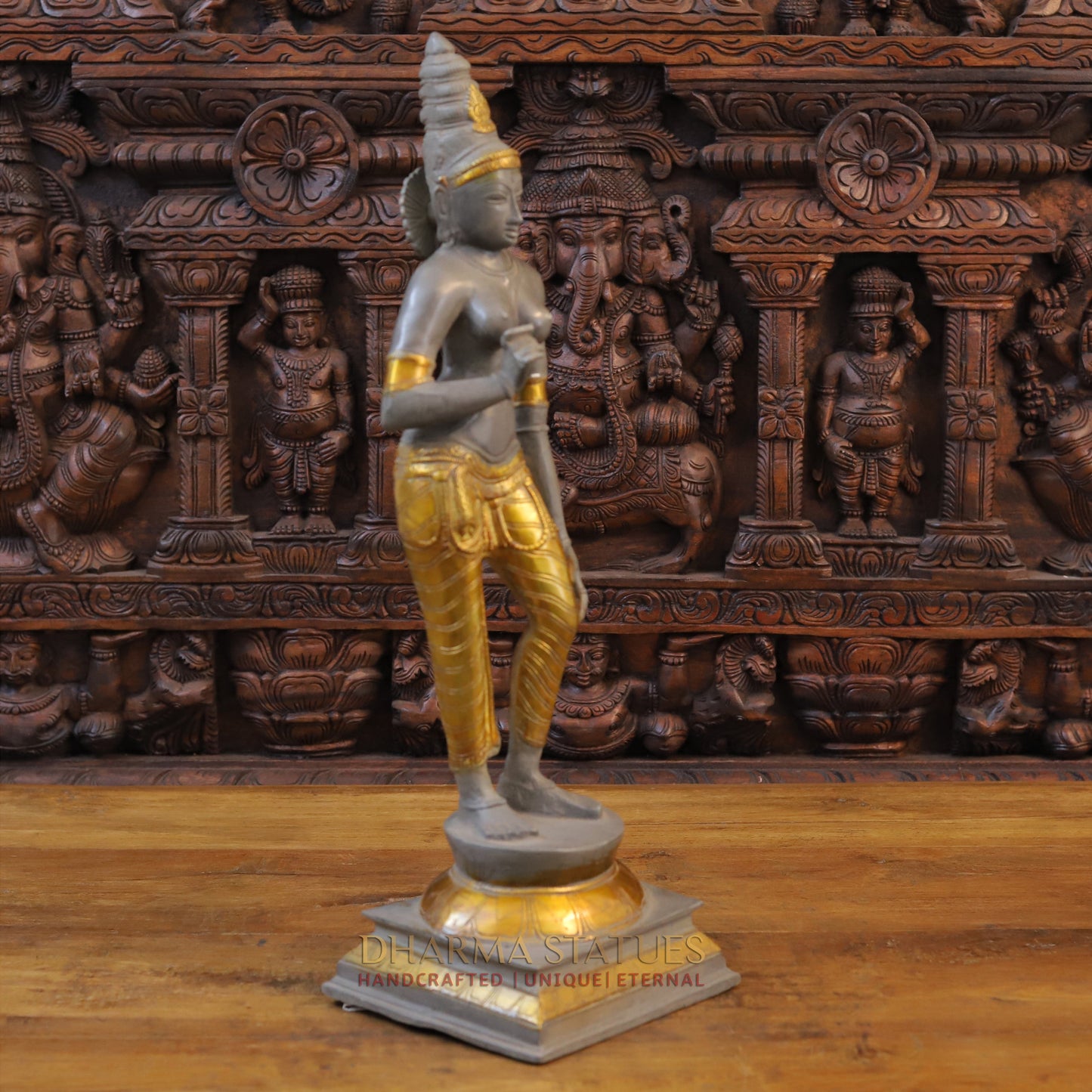 Brass Parvati Standing, Golden & Grey Finish, 23.5"