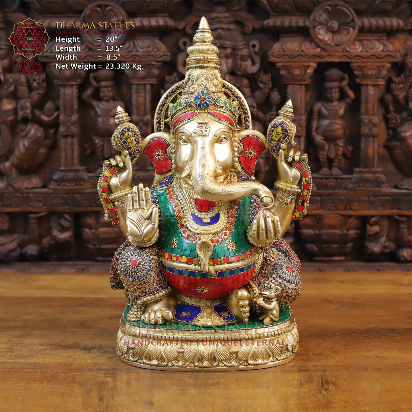 Brass Ganesh seated on Base, Blessing Posture, Golden & Stonework, 20"