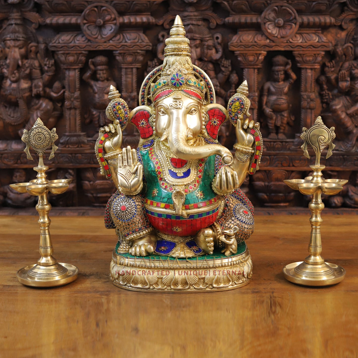 Brass Ganesh seated on Base, Blessing Posture, Golden & Stonework, 20"
