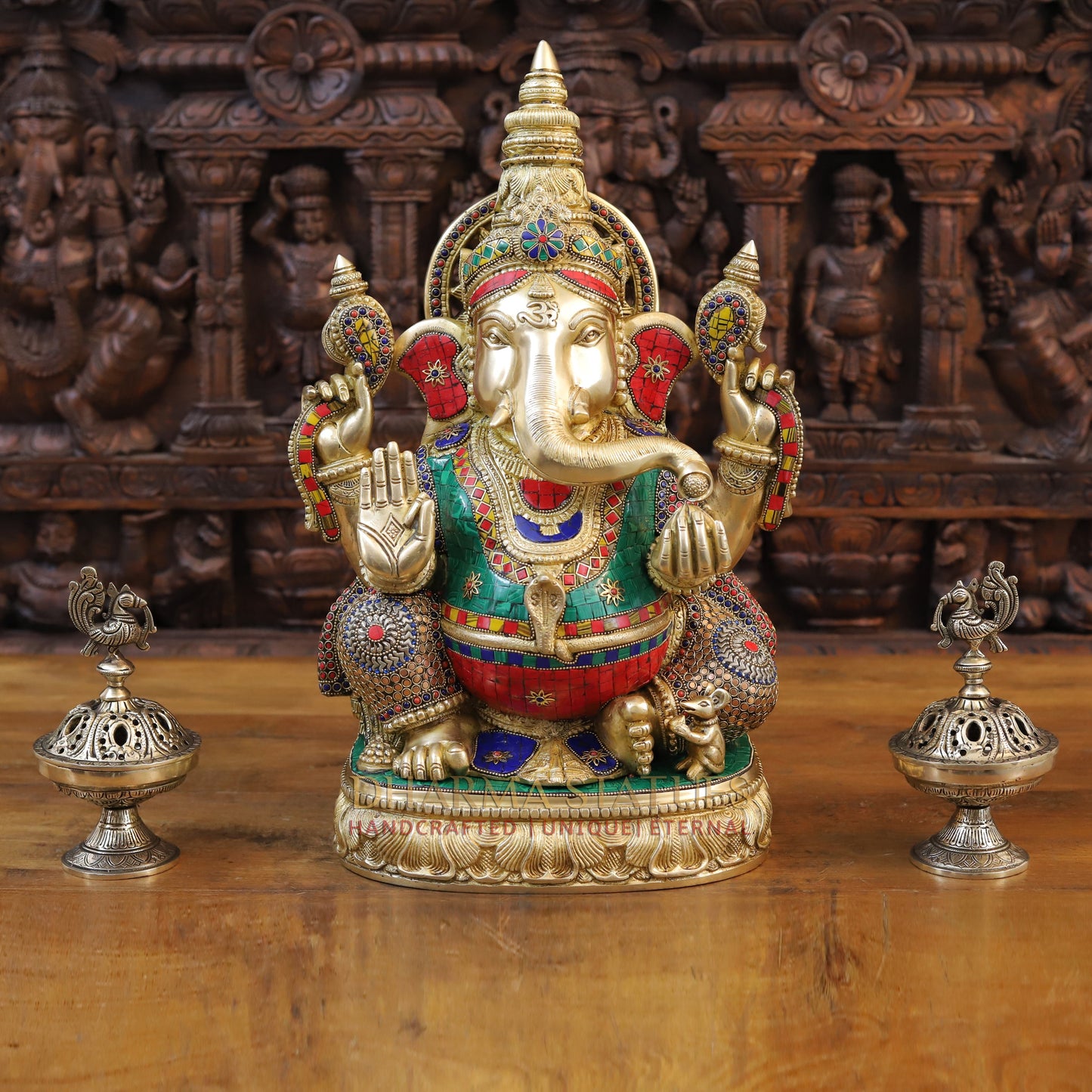 Brass Ganesh seated on Base, Blessing Posture, Golden & Stonework, 20"