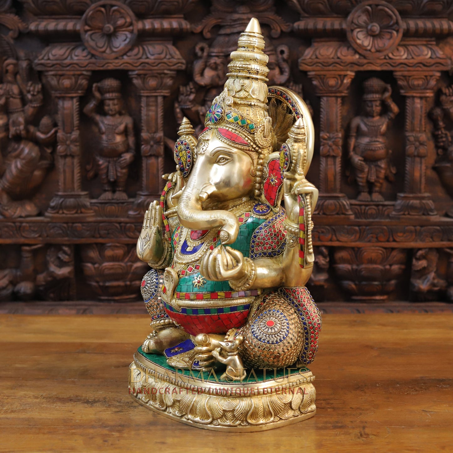 Brass Ganesh seated on Base, Blessing Posture, Golden & Stonework, 20"