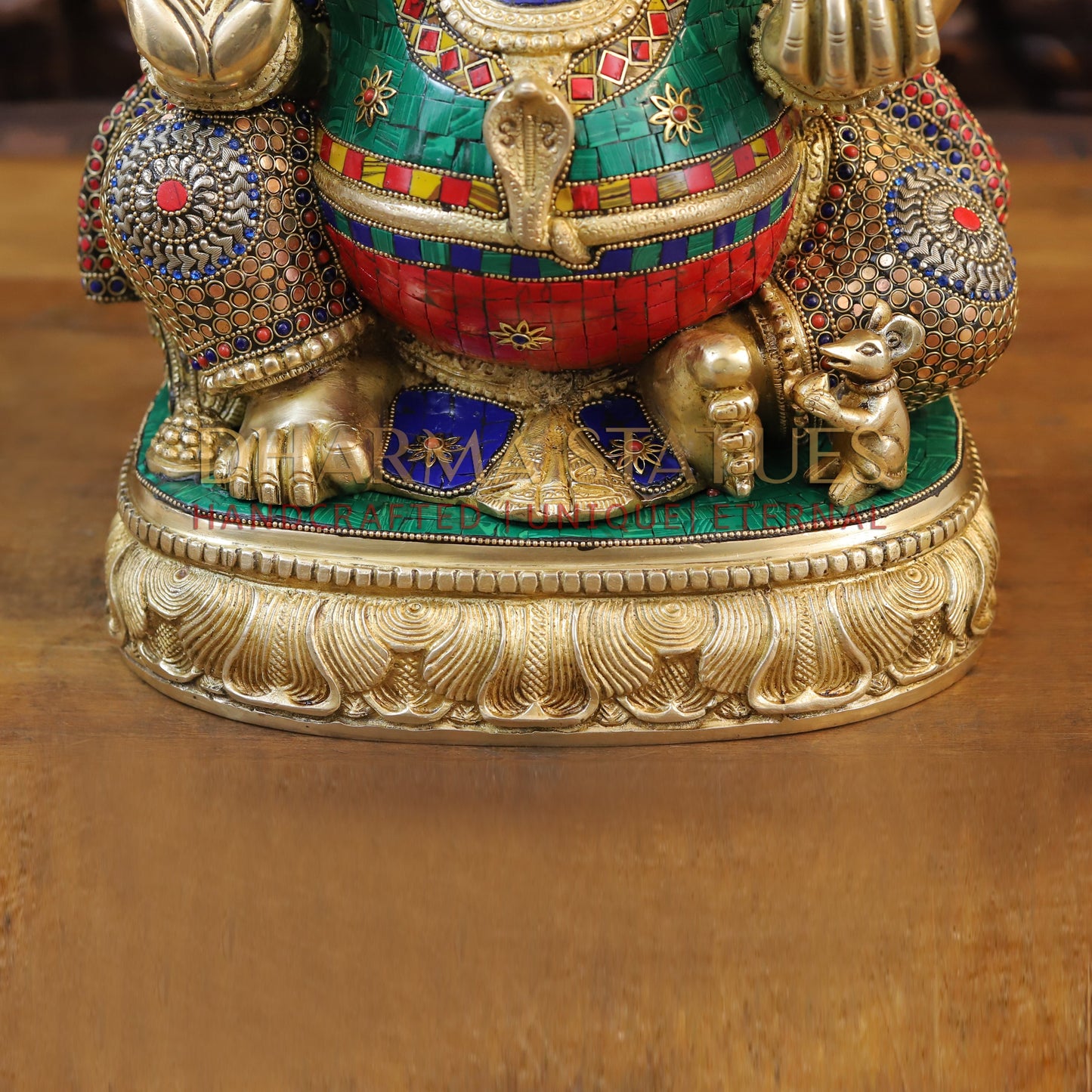 Brass Ganesh seated on Base, Blessing Posture, Golden & Stonework, 20"