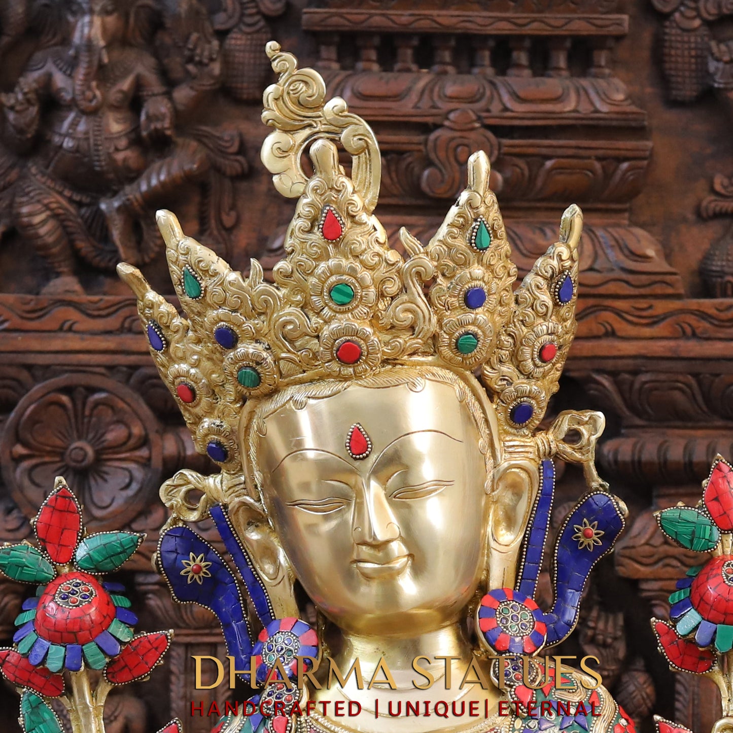 Brass Tara in Blessing Position, Golden & Stonework, 30"
