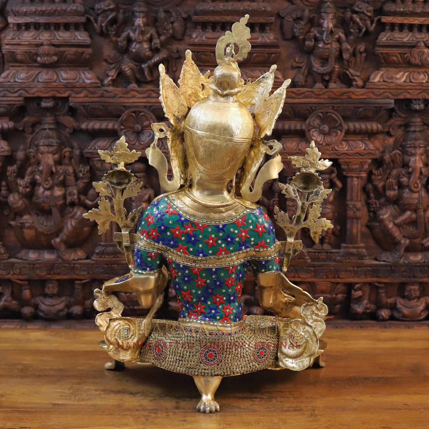 Brass Tara in Blessing Position, Golden & Stonework, 30"