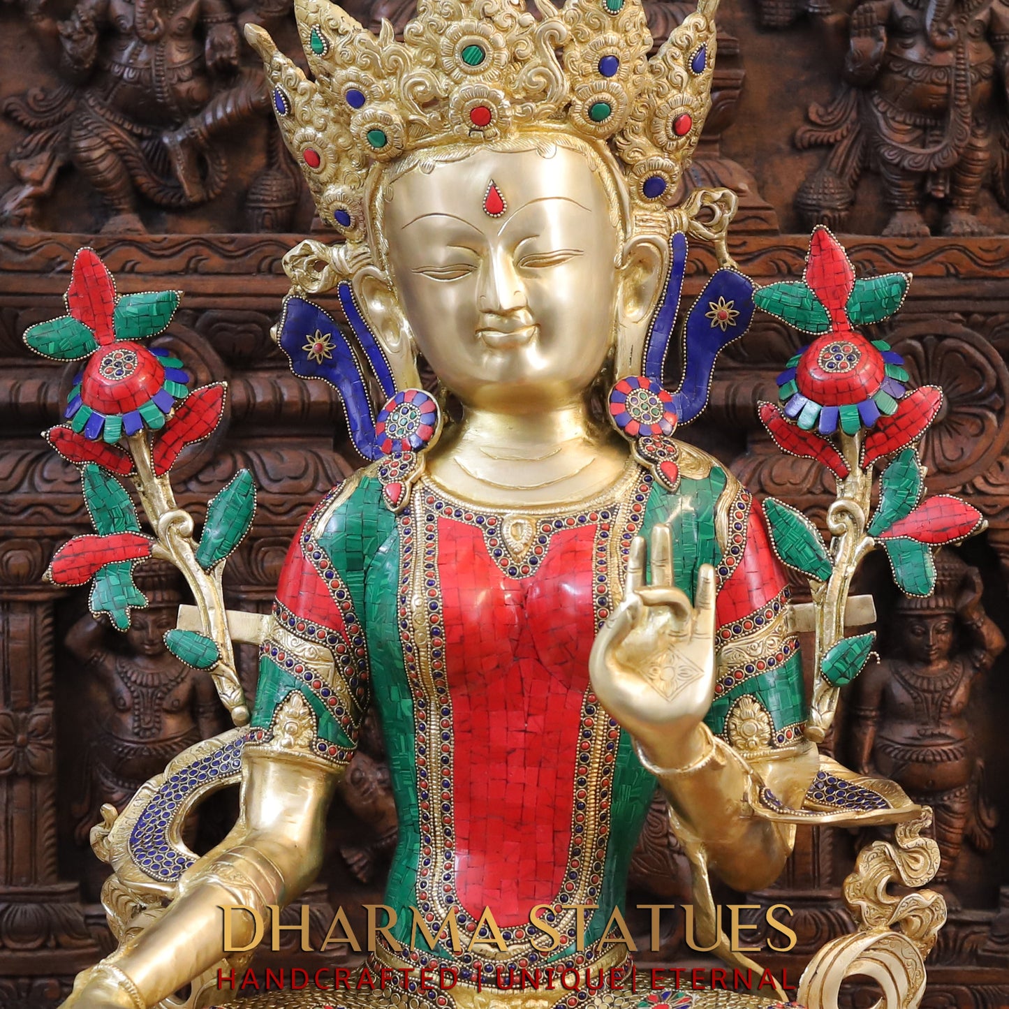 Brass Tara seated, Blessing Position, Golden & Stonework, 33.5"