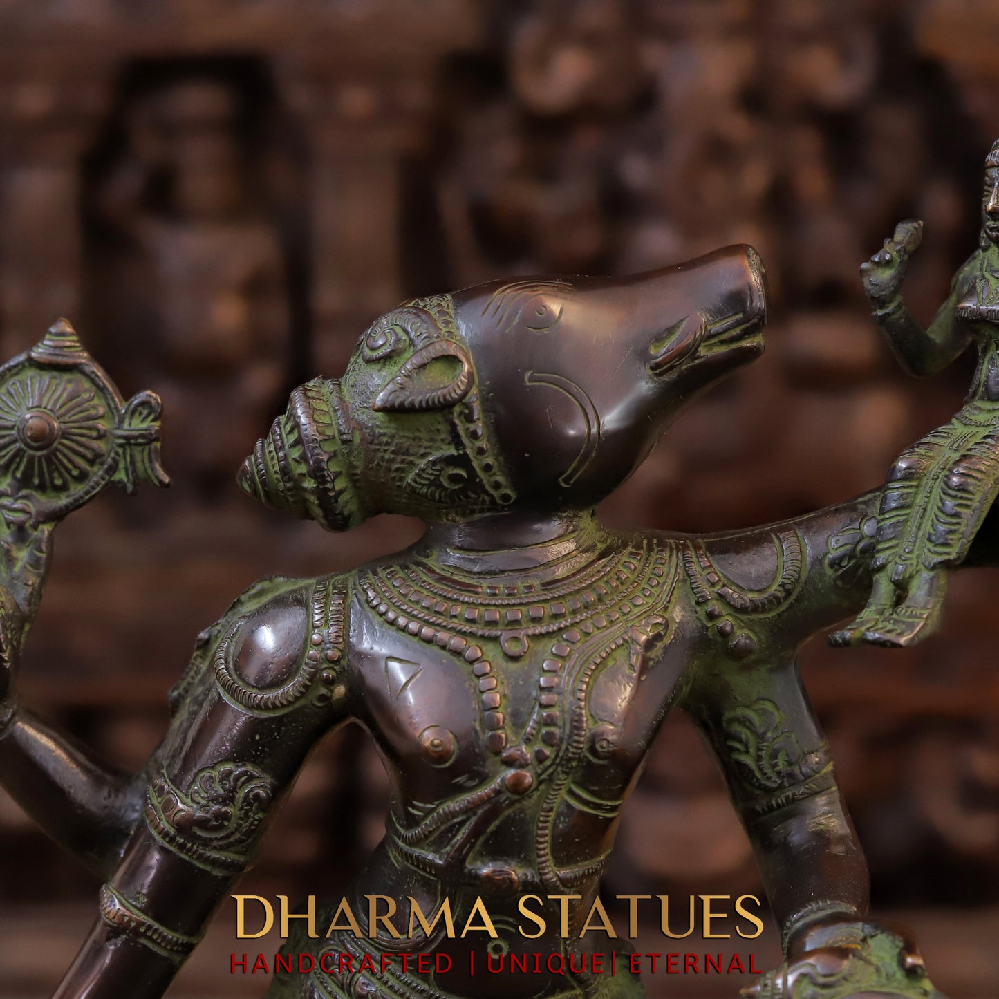 Brass Narayana Vishnu  Holding Lakshmi Goddess, Copper & Green Finish, 17.5"