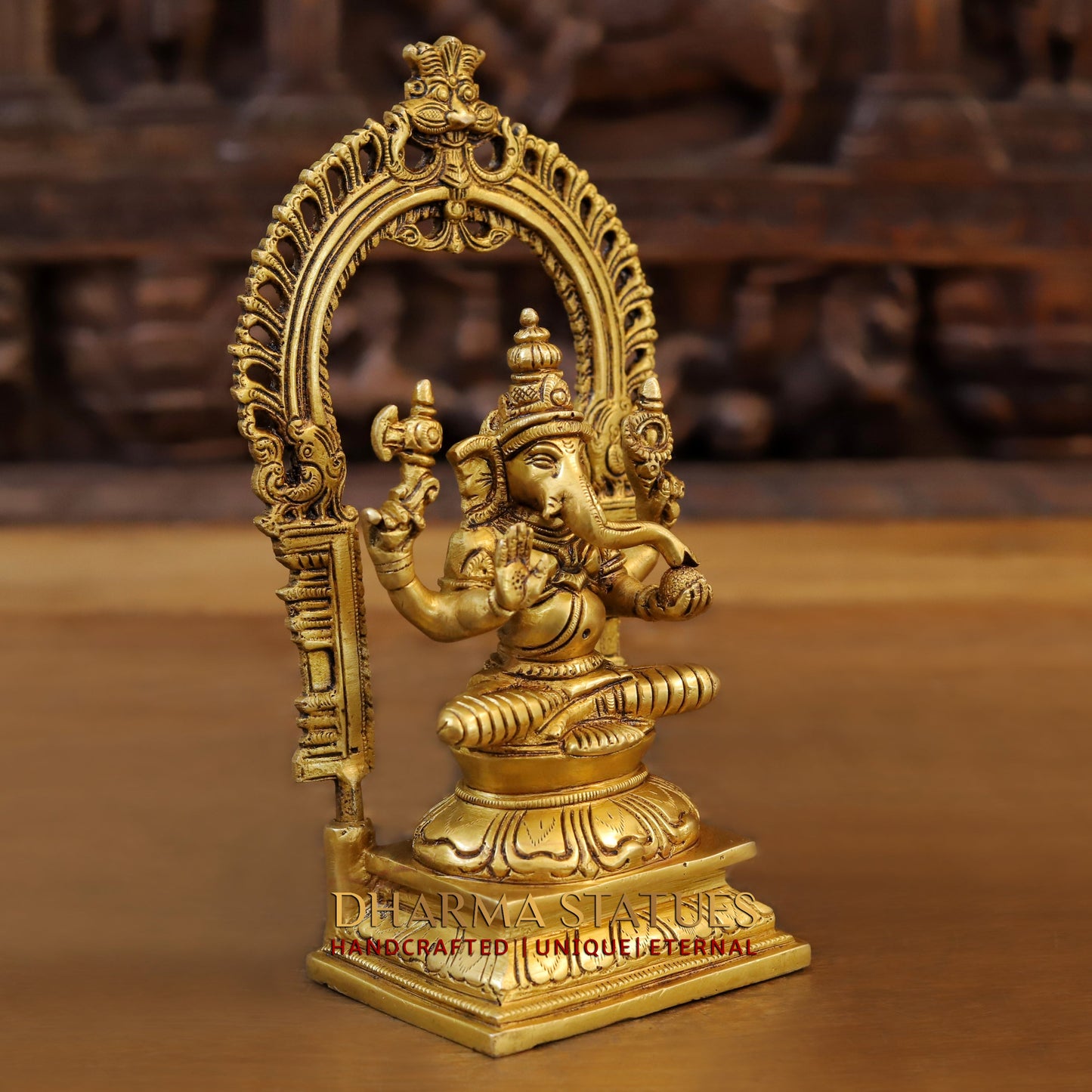 Brass Ganesh Sitting With Frame, Golden Finish, 9.5"