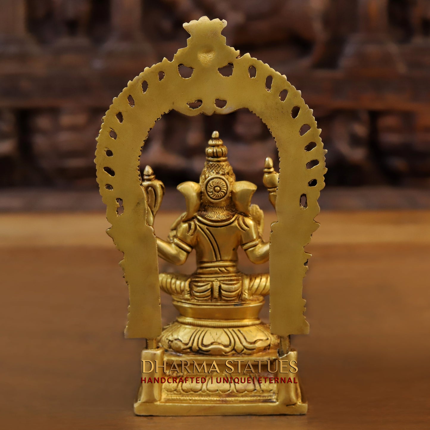 Brass Ganesh Sitting With Frame, Golden Finish, 9.5"