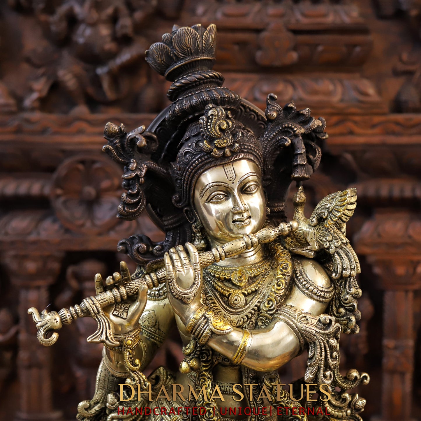 Brass Krishna Playing Flute with Cow, Copper & Golden Finish, 28