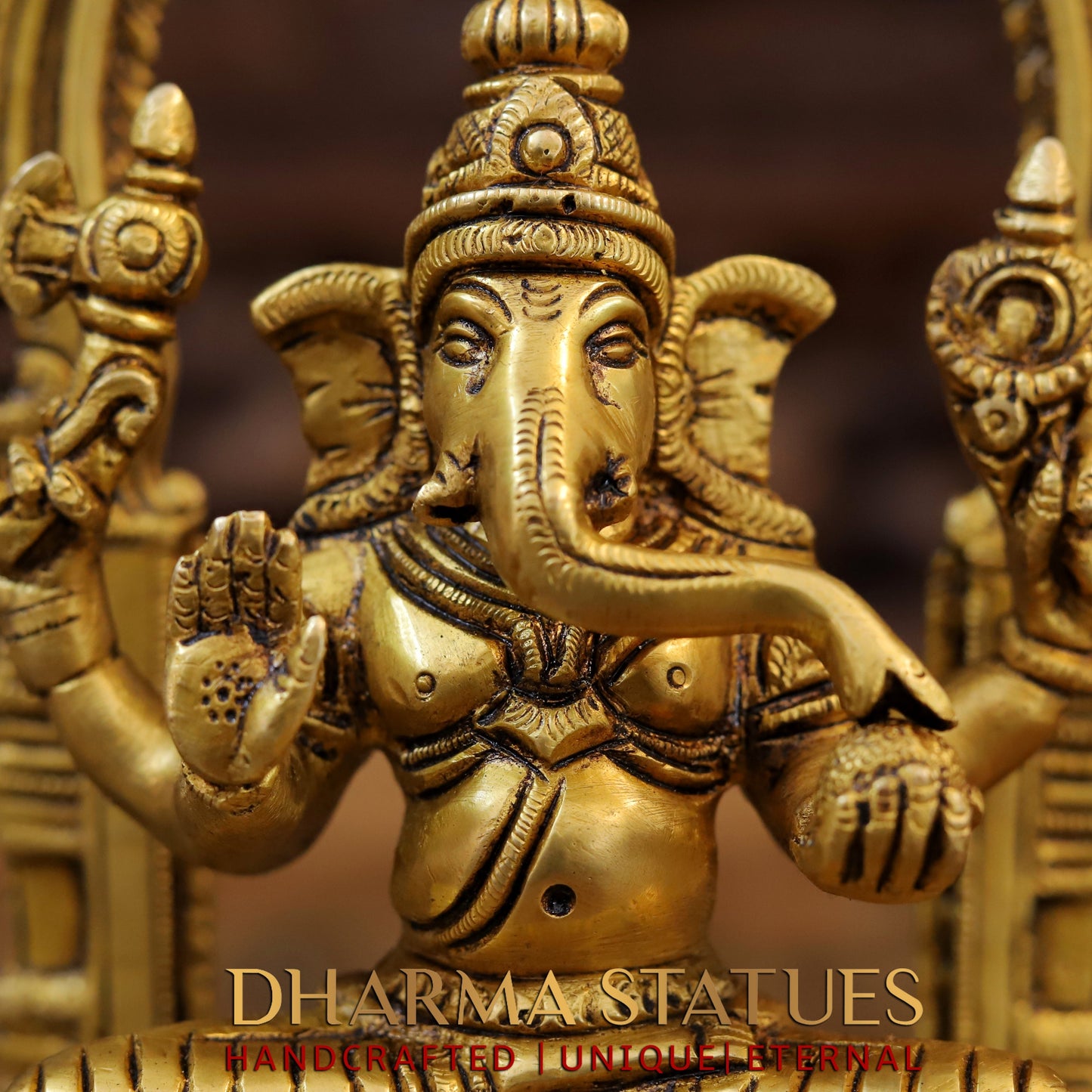 Brass Saraswati Laxmi & Ganesh Seated with Frame, Fine Golden Finish, 9.5"