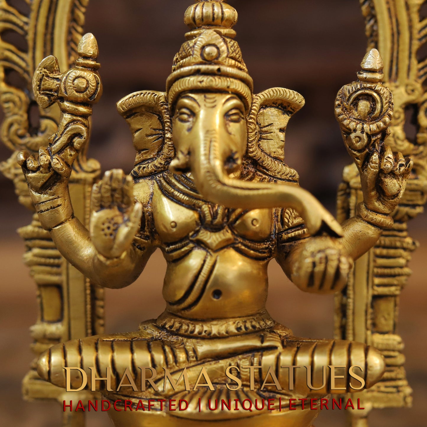 Brass Ganesh Sitting With Frame, Golden Finish, 9.5"