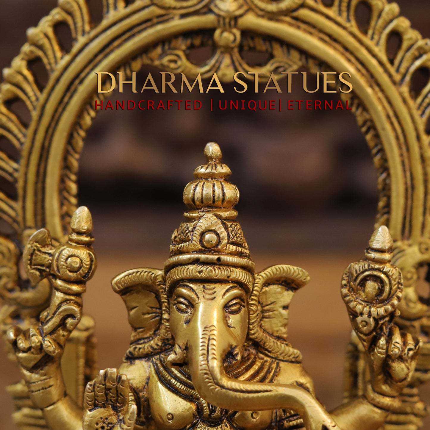 Brass Ganesh Sitting With Frame, Golden Finish, 9.5"