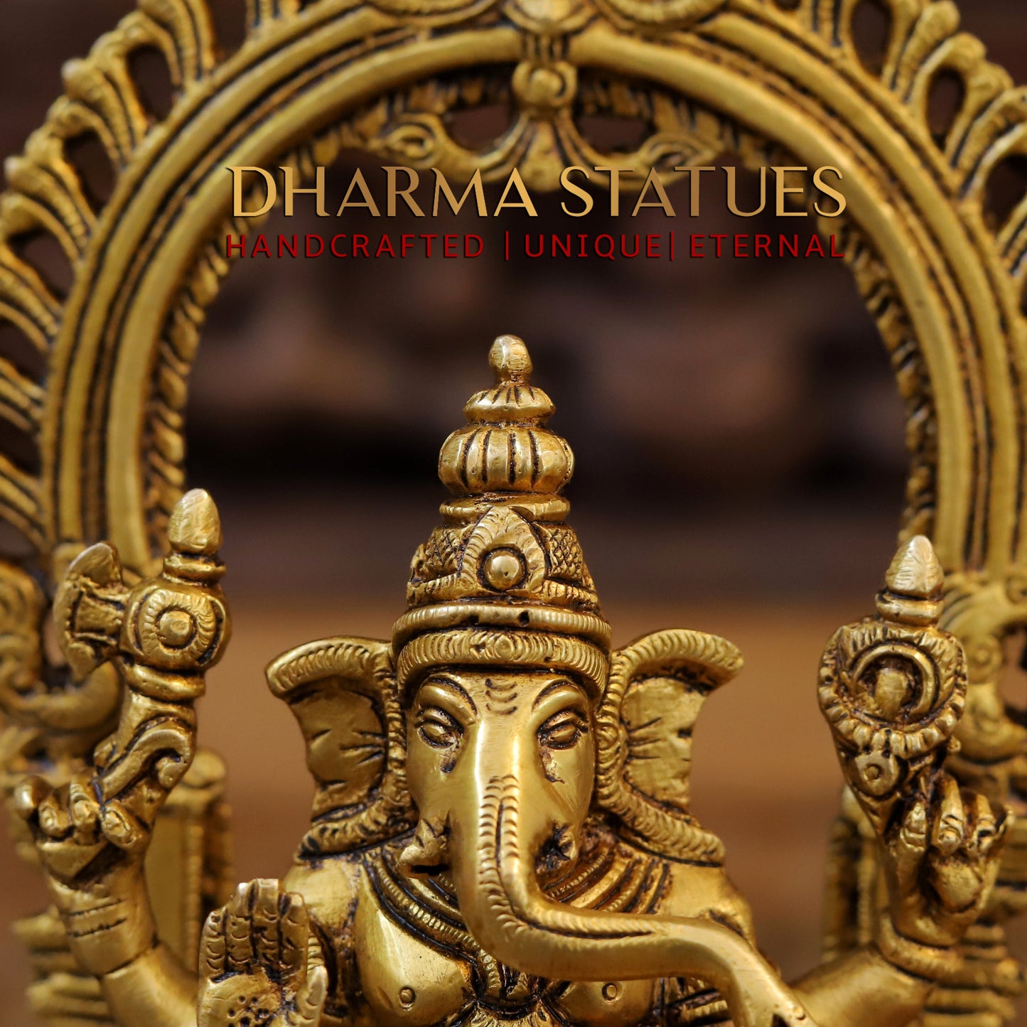 Brass Saraswati Laxmi & Ganesh Seated with Frame, Fine Golden Finish, 9.5"