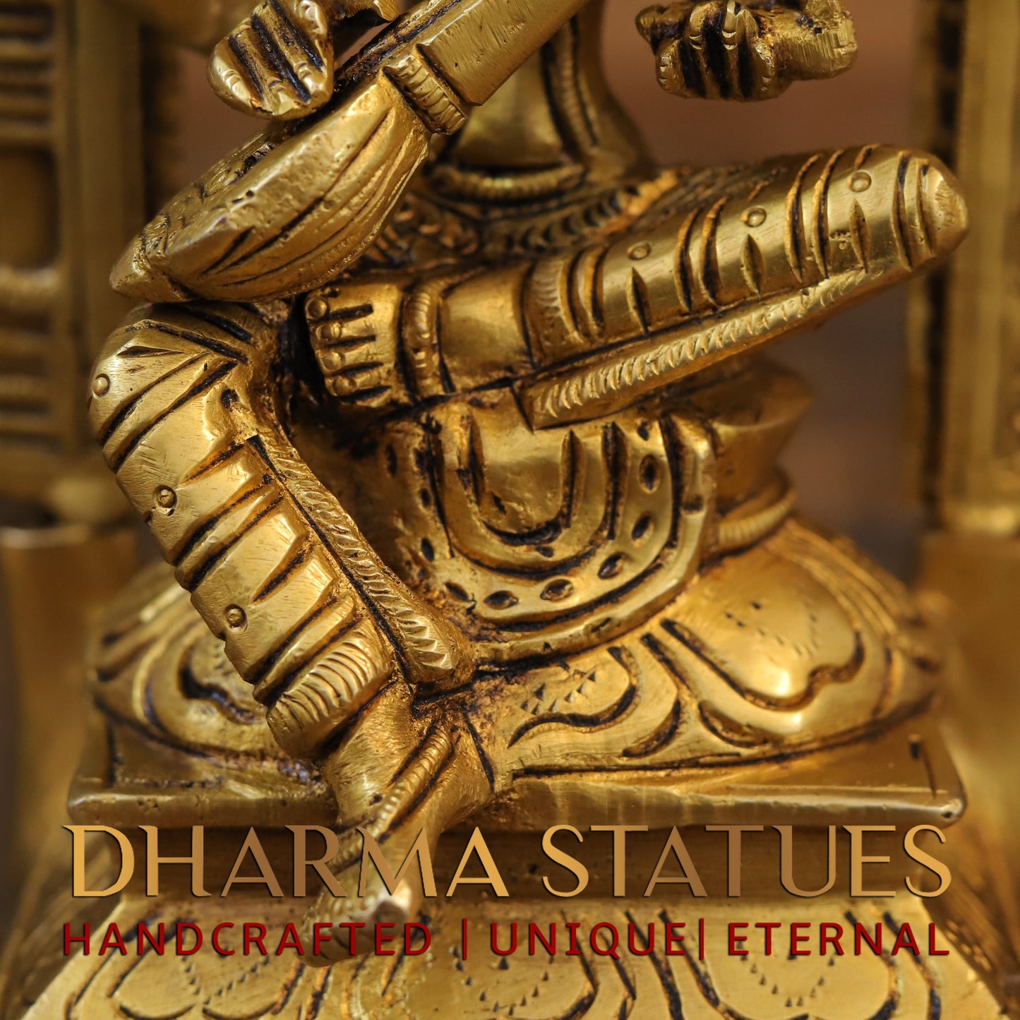 Brass Saraswati Laxmi & Ganesh Seated with Frame, Fine Golden Finish, 9.5"