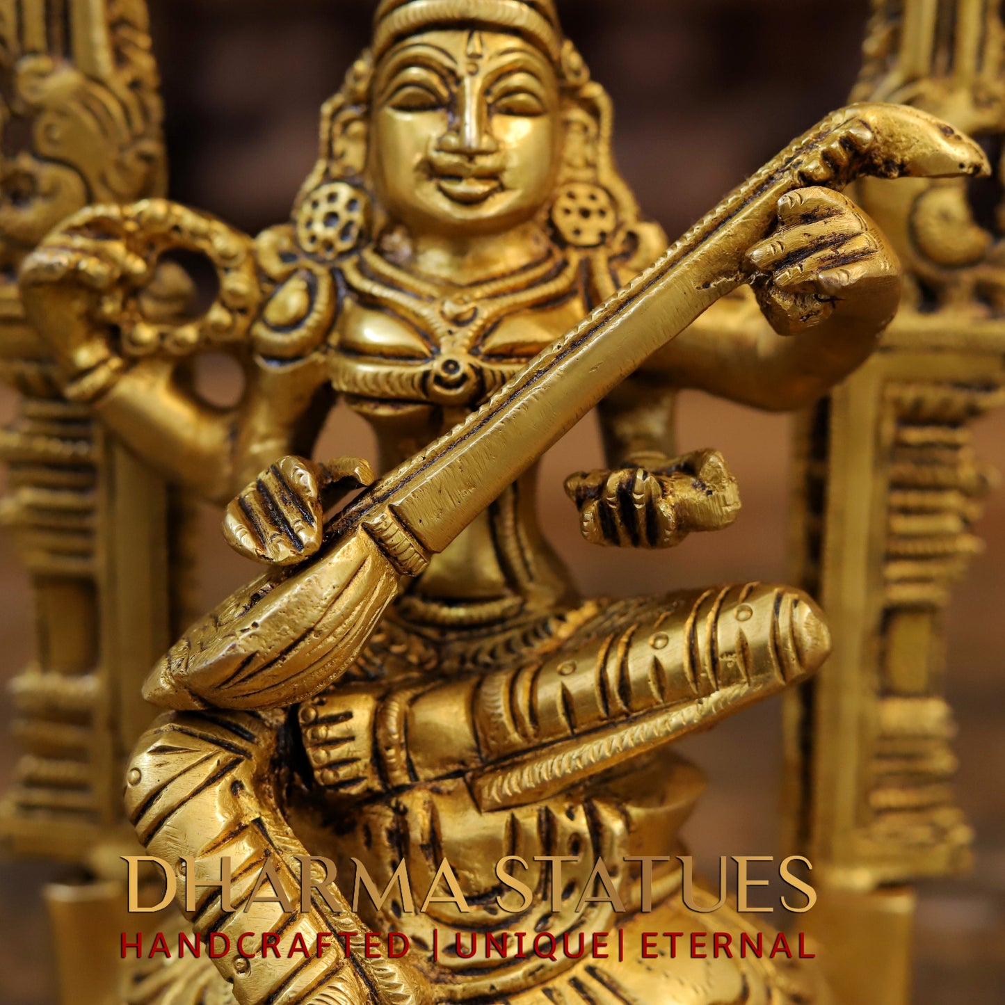 Brass Saraswati Laxmi & Ganesh Seated with Frame, Fine Golden Finish, 9.5"