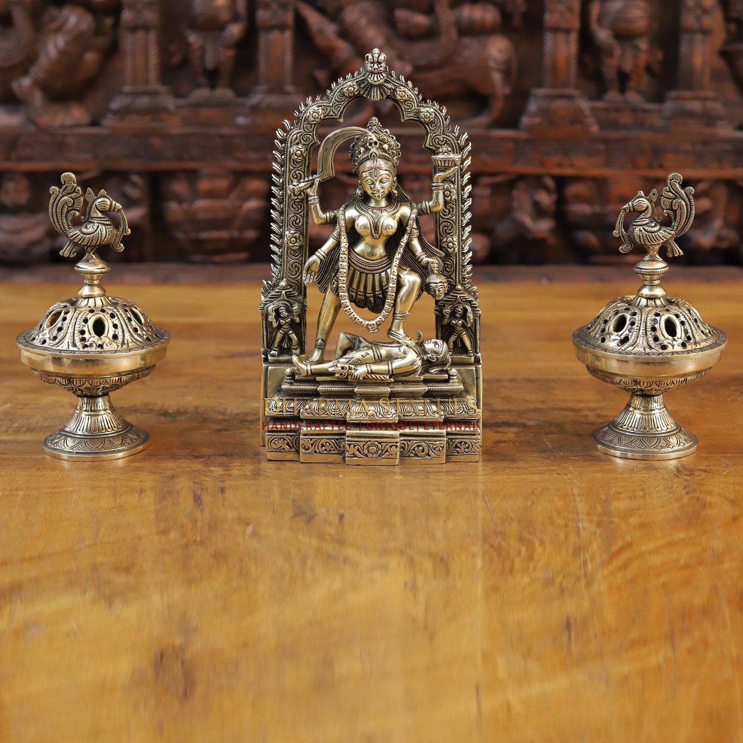 Brass Kali standing with Frame, Fine Golden Finish, 10.5"