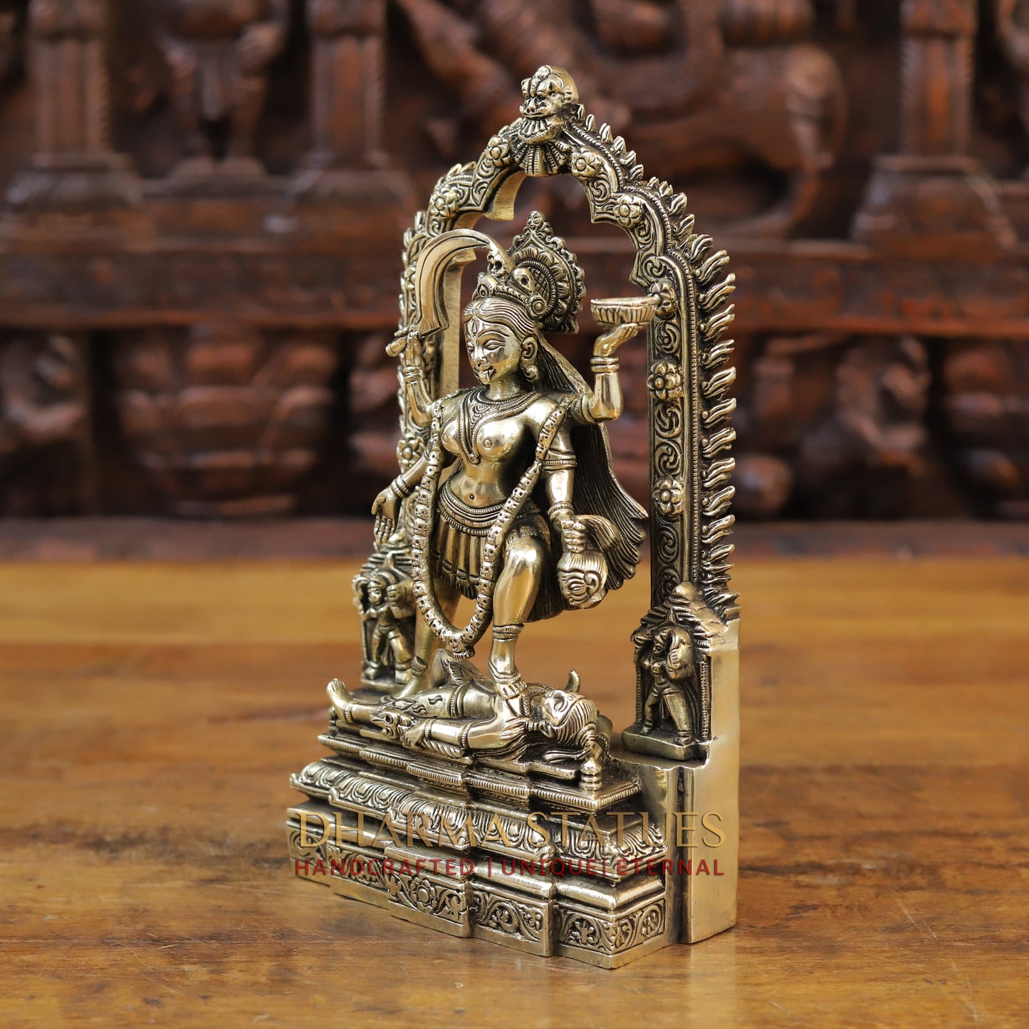 Brass Kali standing with Frame, Fine Golden Finish, 10.5"