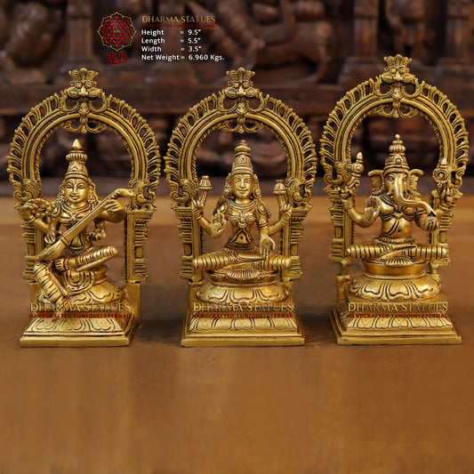 Brass Saraswati Laxmi & Ganesh Seated with Frame, Fine Golden Finish, 9.5"