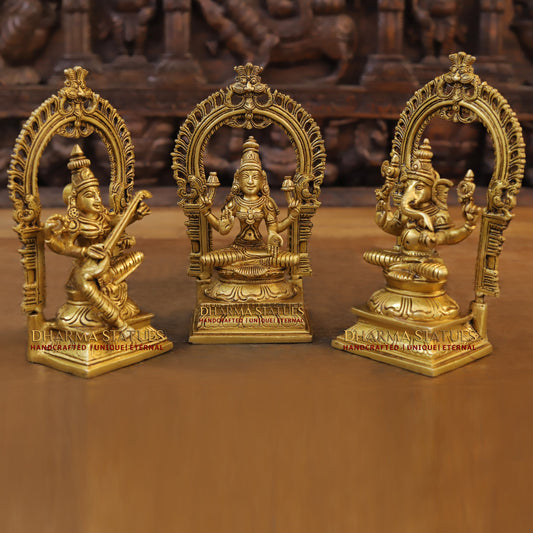 Brass Saraswati Laxmi & Ganesh Seated with Frame, Fine Golden Finish, 9.5"