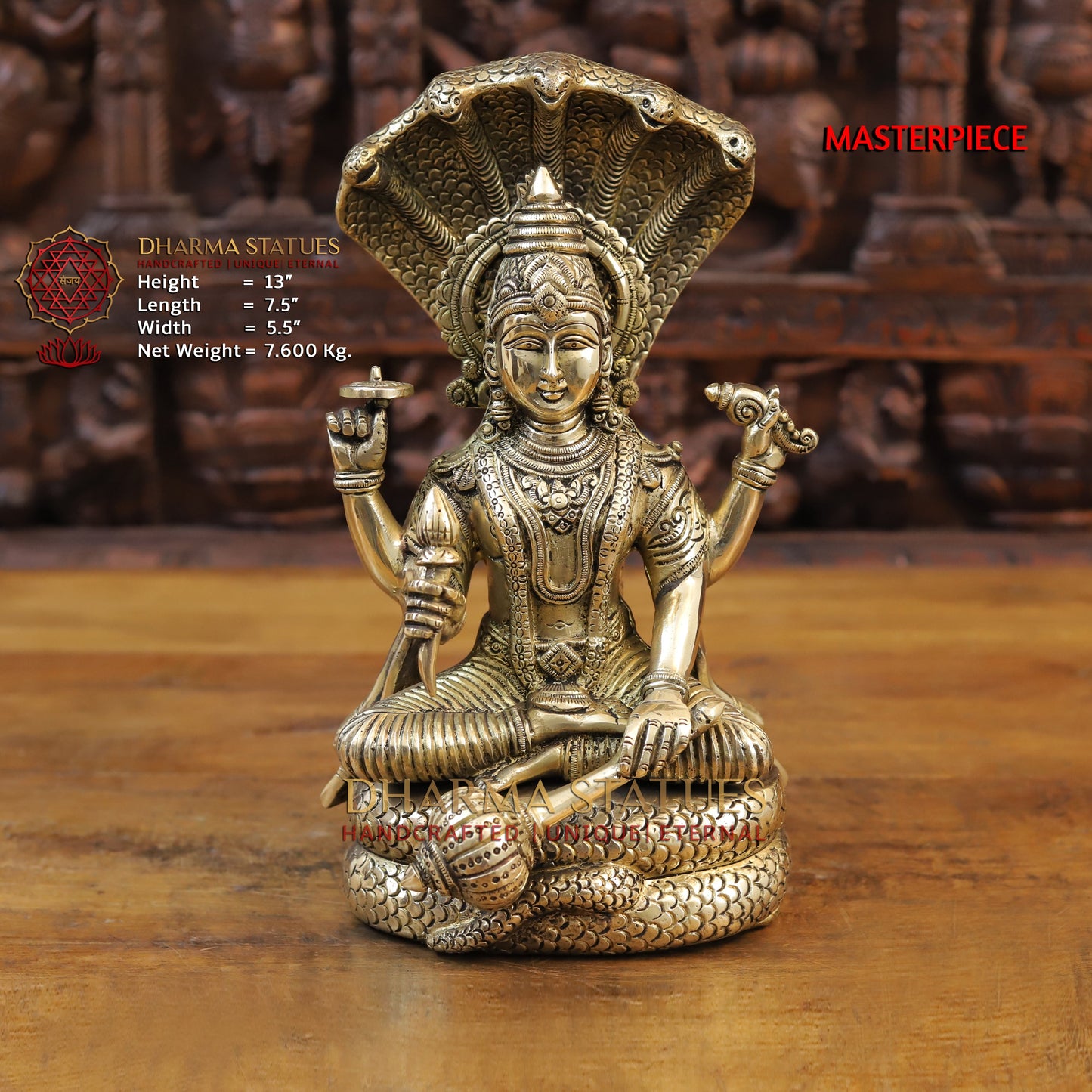 Brass Vishnu Seated on Sheshnag, Fine Golden Finish, 13"