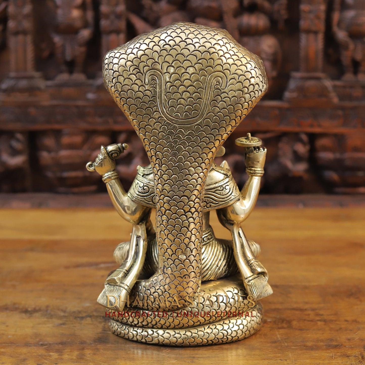 Brass Vishnu Seated on Sheshnag, Fine Golden Finish, 13"