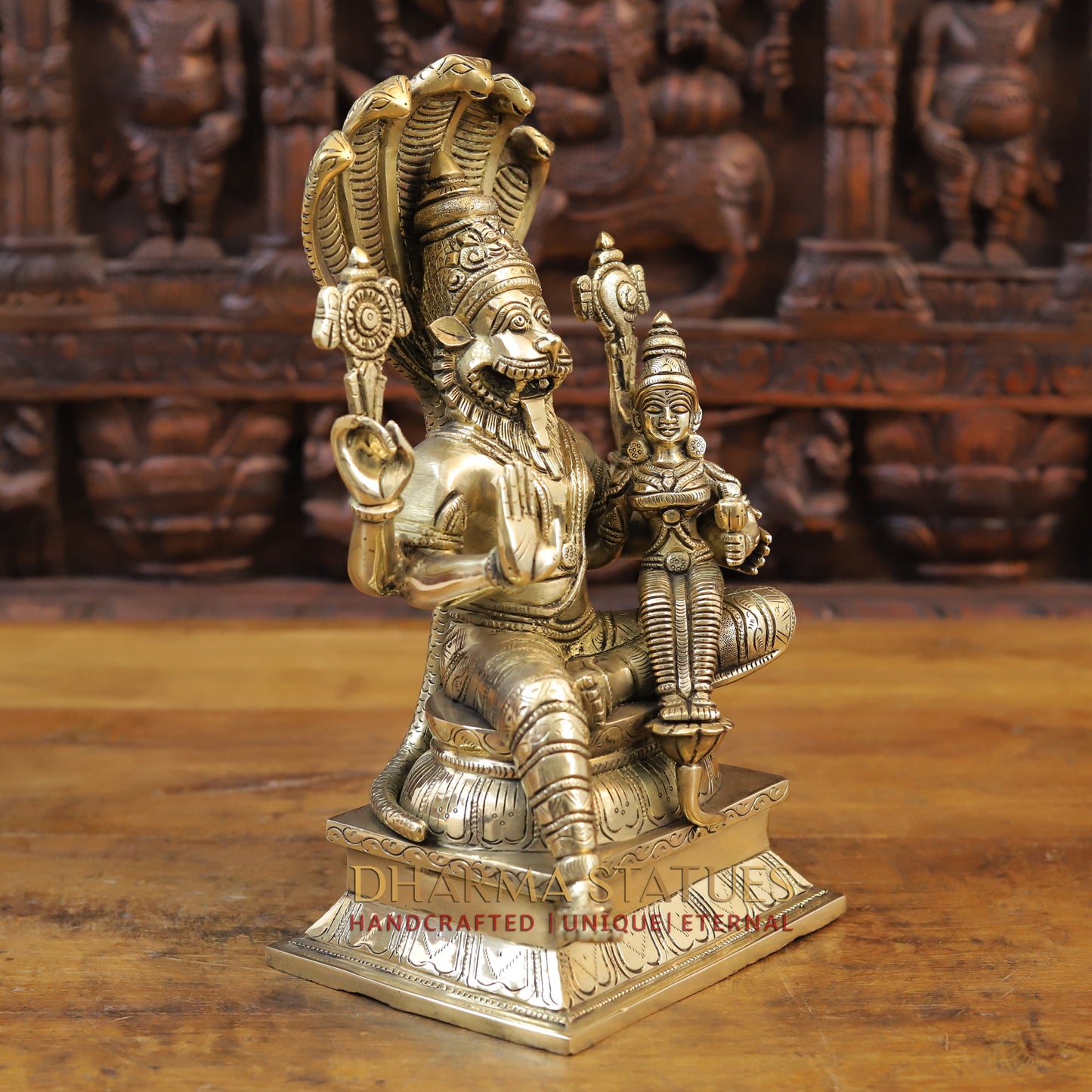 Brass Narasimha seated with Lakshmi, Fine Golden Finish, 13.5"