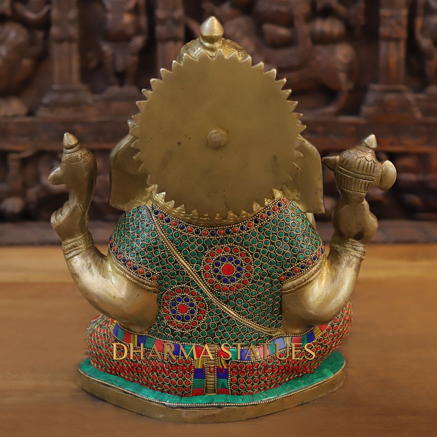 Brass Ganesh Seated with Rat, Blessing Posture, Golden & Stonework, 13"