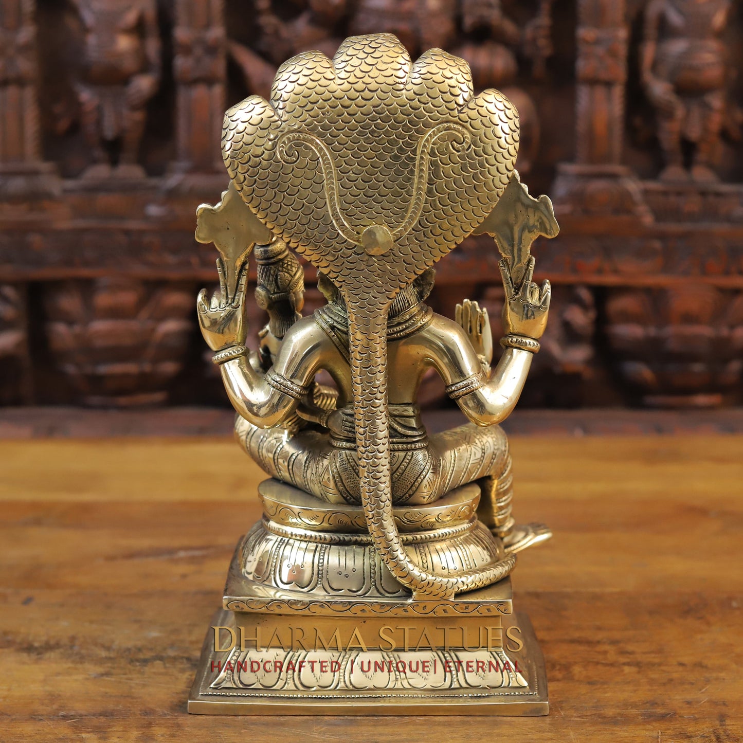 Brass Narasimha seated with Lakshmi, Fine Golden Finish, 13.5"