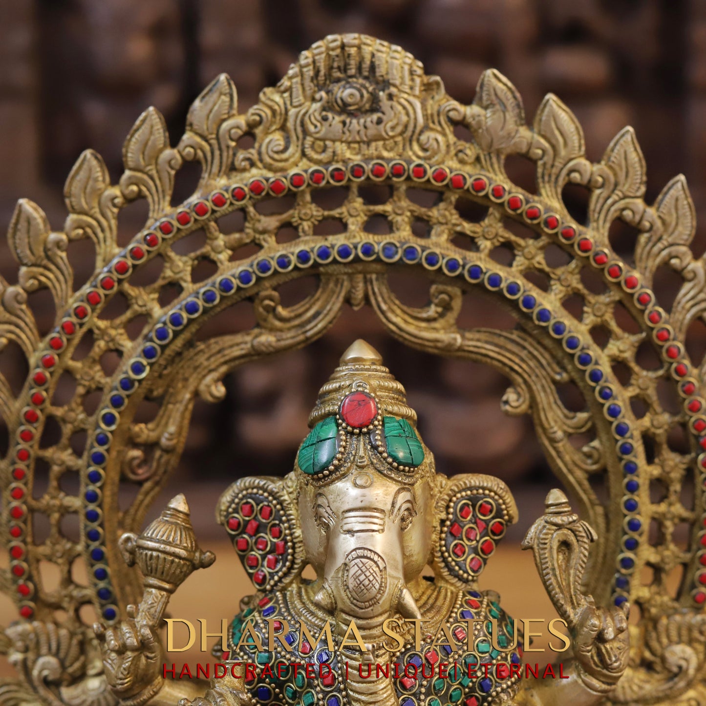 Brass Ganesh seated on Throne, Golden & Stonework, 13"