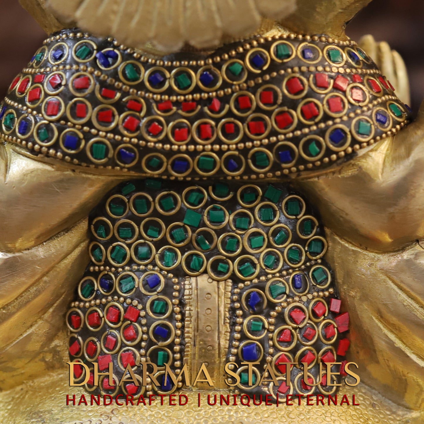 Brass Ganesh seated on Lotus, Golden & Stonework, 10"