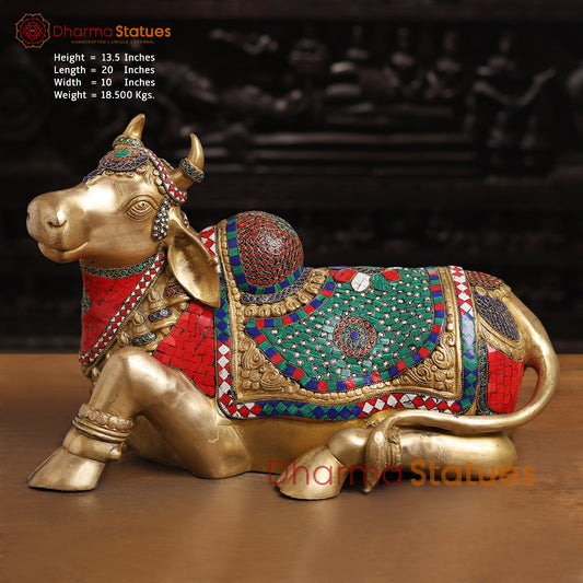 Brass Nandi Statue, Jewel-Adorned Protector , Stone work 13.5"