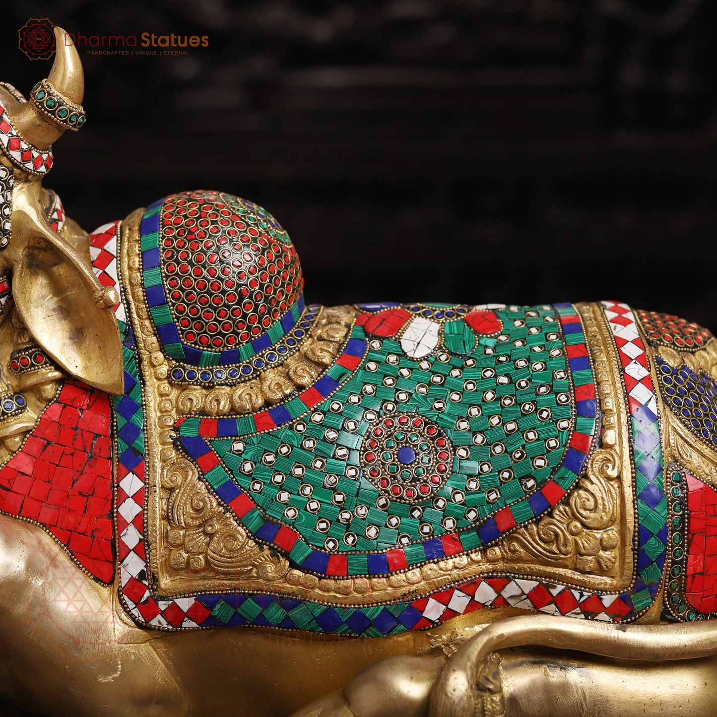 Brass Nandi Statue, Jewel-Adorned Protector , Stone work 13.5"