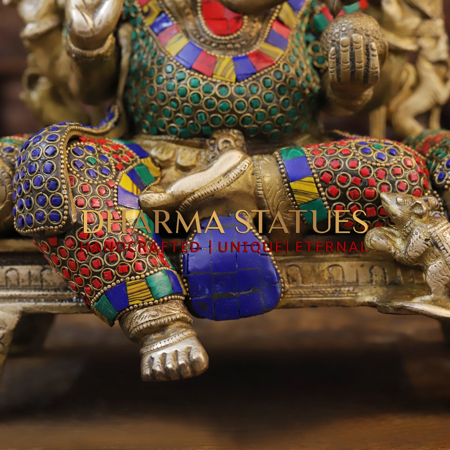 Brass Ganesh seated on Chowki, Blessing Position, Golden & Stonework, 13"