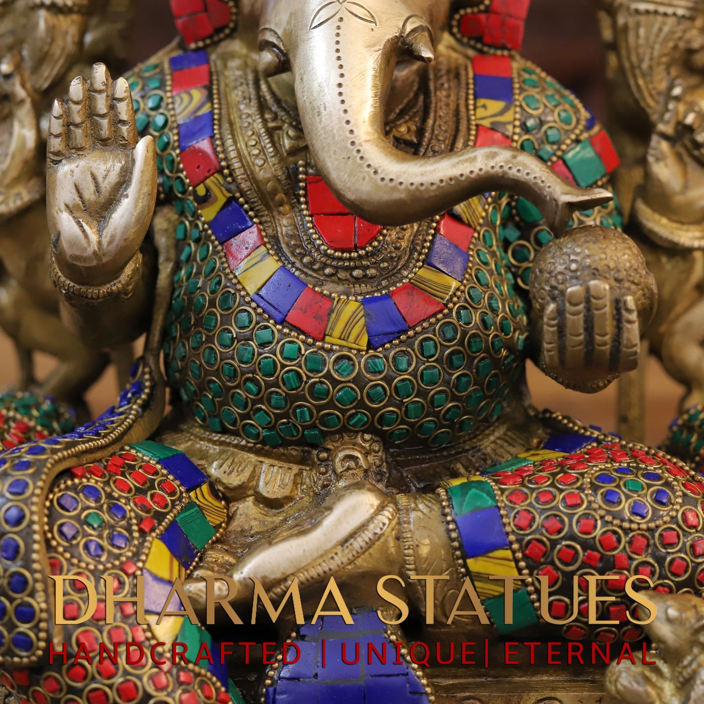 Brass Ganesh seated on Chowki, Blessing Position, Golden & Stonework, 13"