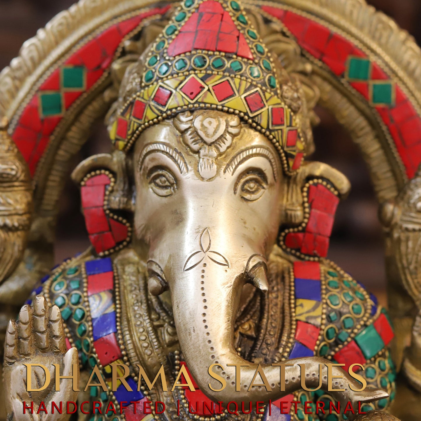 Brass Ganesh seated on Chowki, Blessing Position, Golden & Stonework, 13"