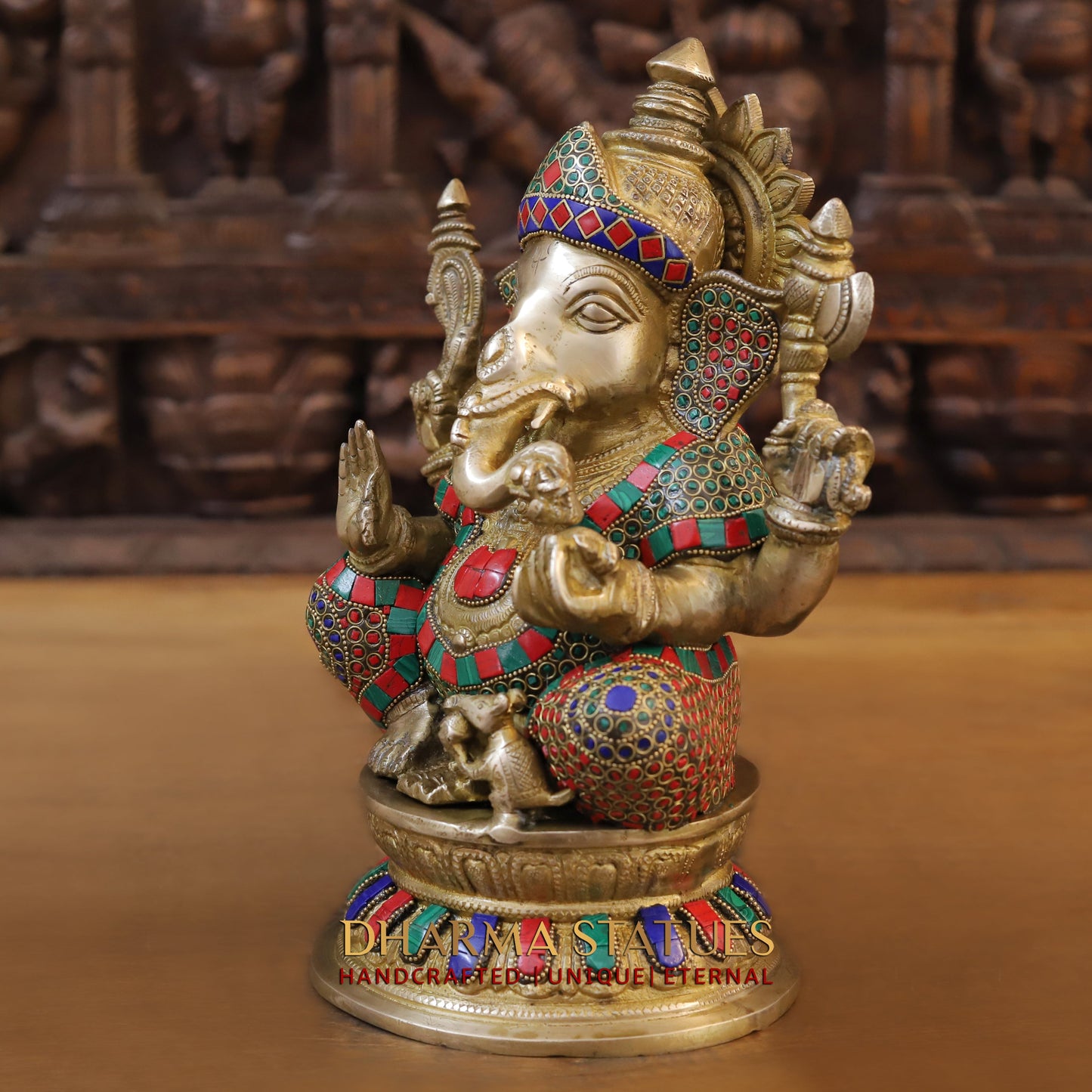 Brass Ganesh seated on Base, Blessing Position, Golden & Stonework, 12.5"