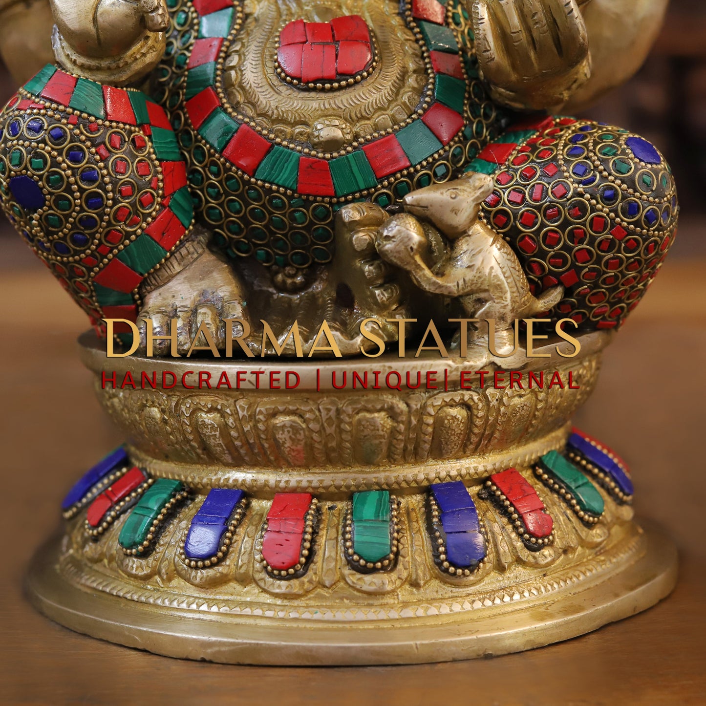 Brass Ganesh seated on Base, Blessing Position, Golden & Stonework, 12.5"