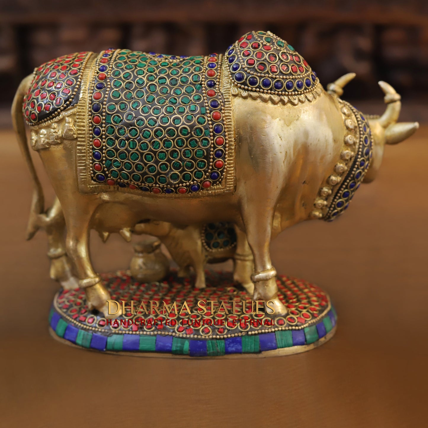 Brass Cow & Calf, Golden & Stonework, 7"